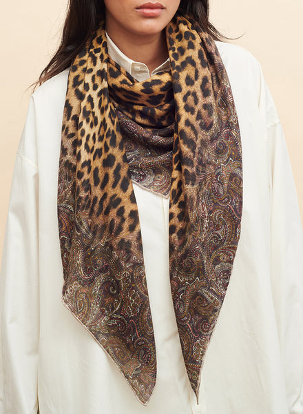 THE MEDINA SQUARE - Brown multicolour printed modal and cashmere scarf - model