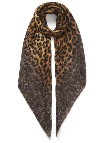 THE MEDINA SQUARE - Brown multicolour printed modal and cashmere scarf - tied