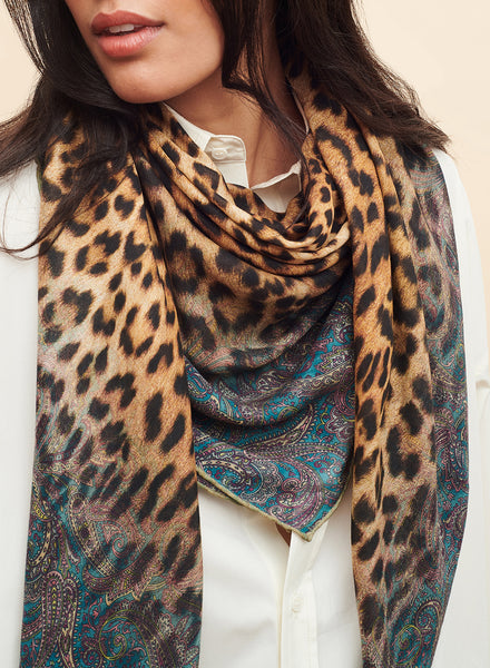 THE MEDINA SQUARE - Golden brown and turquoise printed modal and cashmere scarf - model 1