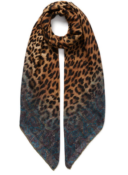 THE MEDINA SQUARE - Golden brown and turquoise printed modal and cashmere scarf - tied