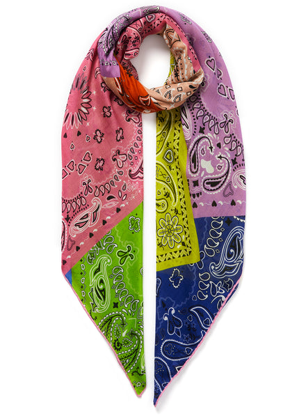 THE HANKIE SQUARE - Bright multicolour printed modal and cashmere scarf - tied