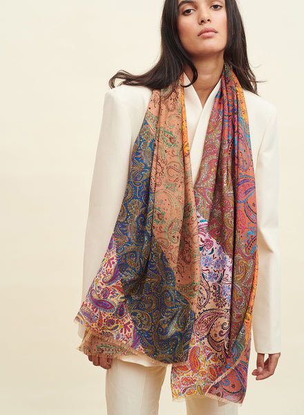 THE PAISLEY WRAP - Orange and red multicolour printed modal and cashmere scarf - model 1
