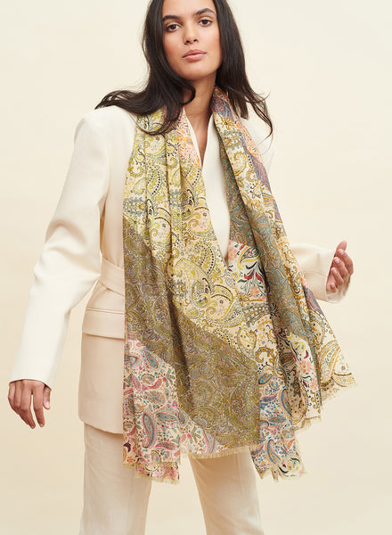 THE PAISLEY WRAP - Green and pink multicolour printed modal and cashmere scarf - model