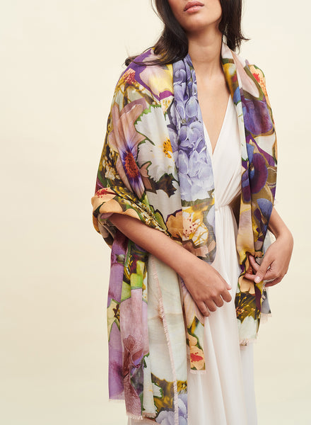THE HORTENSIA WRAP - Purple and green multicolour printed modal and cashmere scarf - model