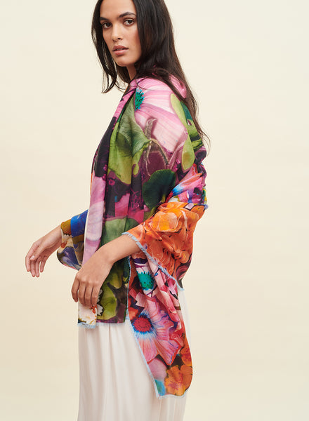 THE HORTENSIA WRAP - Pink and orange multicolour printed modal and cashmere scarf - model 1