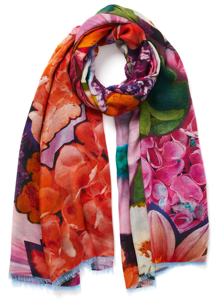THE HORTENSIA WRAP - Pink and orange multicolour printed modal and cashmere scarf - tied