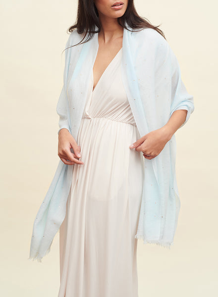THE CRYSTAL WRAP - Pale blue cashmere wrap with Swarovski crystals - model 1