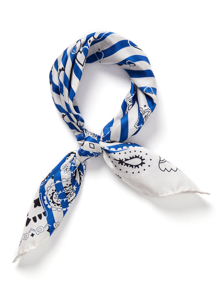 THE BRETON NECKERCHIEF - Blue and off white printed silk twill scarf - tied