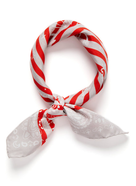 THE BRETON NECKERCHIEF - Red and pale grey printed cotton and silk scarf - tied