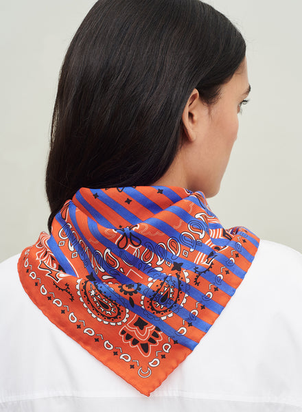 THE BRETON NECKERCHIEF - Red and blue printed cotton and silk scarf - model