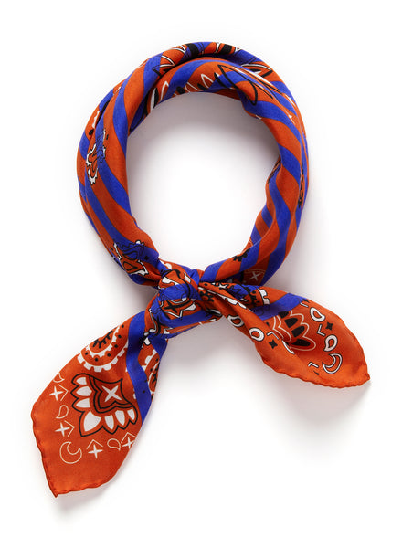THE BRETON NECKERCHIEF - Red and blue printed cotton and silk scarf - tied