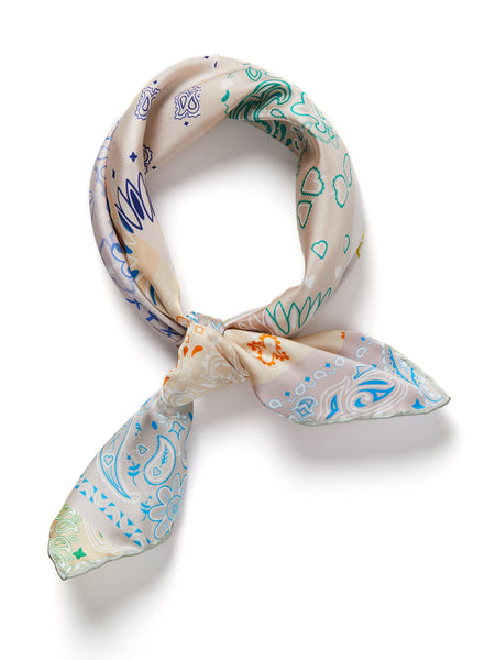 THE HANKIE NECKERCHIEF - Neutral multicolour printed silk twill scarf - tied