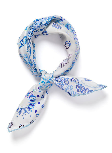THE HANKIE NECKERCHIEF - White and blue printed silk twill scarf - tied