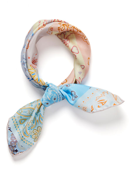 THE HANKIE NECKERCHIEF - Pastel multicolour printed silk twill scarf - tied