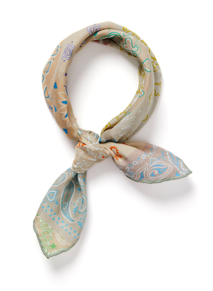 THE HANKIE NECKERCHIEF - Neutral multicolour printed cotton and silk scarf - tied
