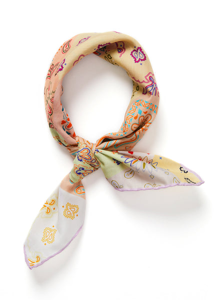 THE HANKIE NECKERCHIEF - Yellow and orange multicolour printed cotton and silk scarf - tied