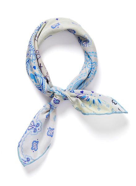 THE HANKIE NECKERCHIEF - White and blue printed cotton and silk scarf - tied