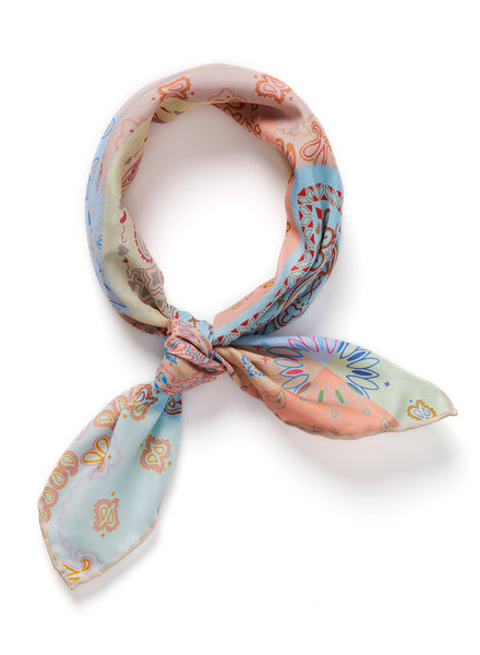 THE HANKIE NECKERCHIEF - Pastel multicolour printed cotton and silk scarf - tied