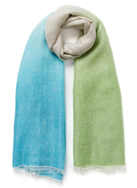 THE LOLLIPOP - Green, turquoise and white dip dye cashmere and linen wrap with Lurex
