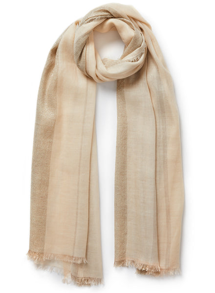 THE SOLITAIRE - Neutral striped cashmere and linen scarf with gold Lurex - tied