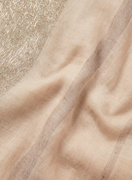 THE SOLITAIRE - Pink and taupe striped cashmere and linen scarf with gold Lurex - detail