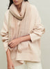 THE SOLITAIRE - Pink and taupe striped cashmere and linen scarf with gold Lurex - model