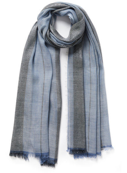 THE SOLITAIRE - Blue and charcoal striped cashmere and linen scarf with silver Lurex - tied