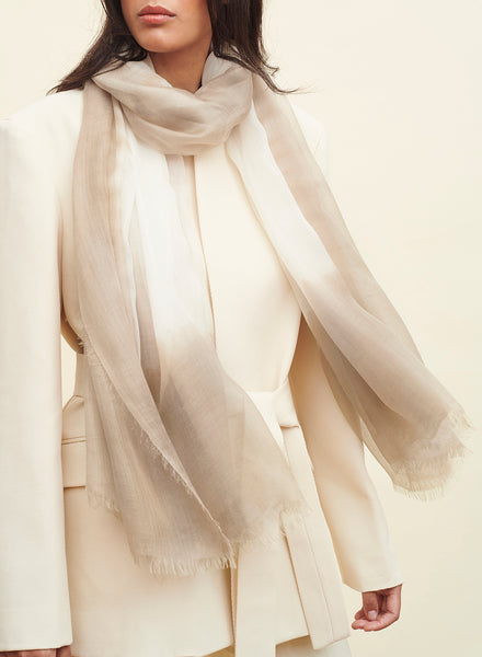 THE TWO-TONE WRAP - Neutral tie dye modal and cashmere wrap - model