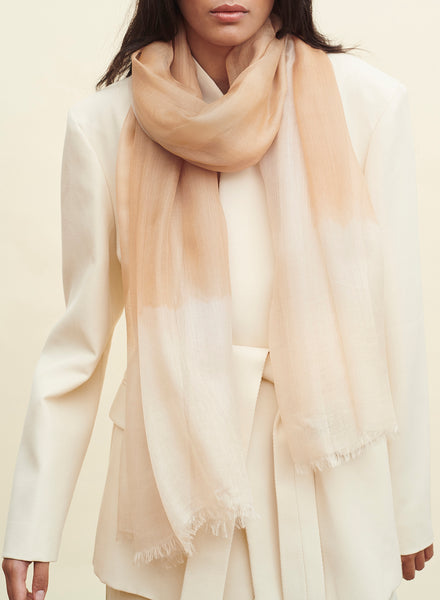 THE TWO TONE WRAP - Peachy neutral and cream tie dye modal and cashmere wrap - model