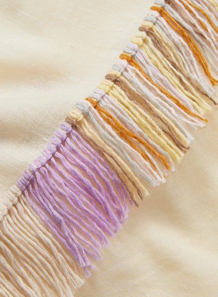 THE CABANA - Pale yellow multicolour fringed cashmere and linen triangle scarf - detail