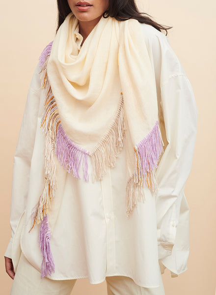 THE CABANA - Pale yellow multicolour fringed cashmere and linen triangle scarf - model