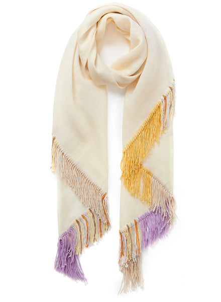 THE CABANA - Pale yellow multicolour fringed cashmere and linen triangle scarf - tied