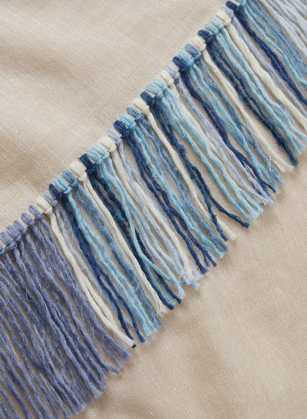 THE CABANA - Cream and blue fringed cashmere and linen triangle scarf - detail