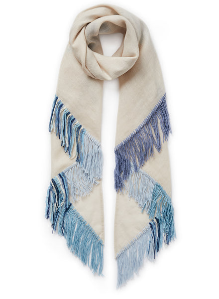 THE CABANA - Cream and blue fringed cashmere and linen triangle scarf - tied