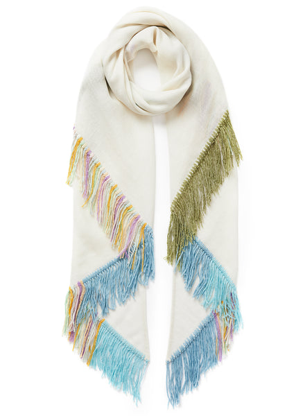 THE CABANA - White multicolour fringed cashmere and linen triangle scarf - tied