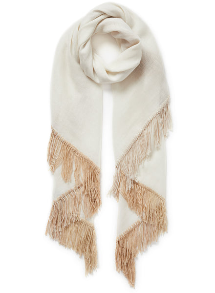 THE CABANA - White and neutral fringed cashmere and linen triangle scarf - tied