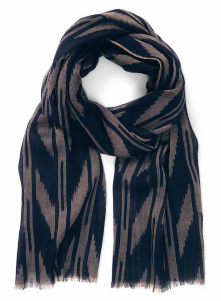 THE ZIG ZAG SCARF - Navy two tone pure cashmere woven scarf - tied