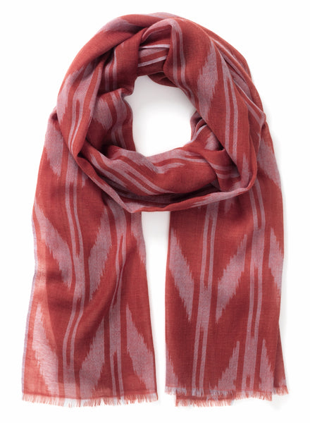THE ZIG ZAG SCARF - Coral red two tone pure cashmere woven scarf - tied