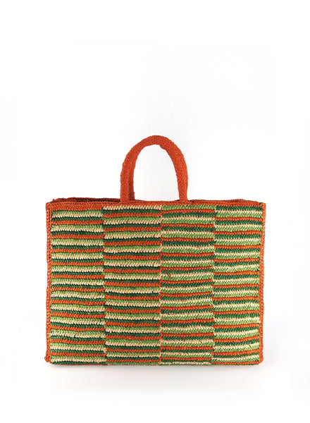 MALINA BAG - Medium striped raffia tote in orange, leaf, apple and natural - front