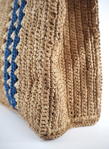MILENO TOTE - Medium striped raffia tote in tea, blue and natural - detail 1