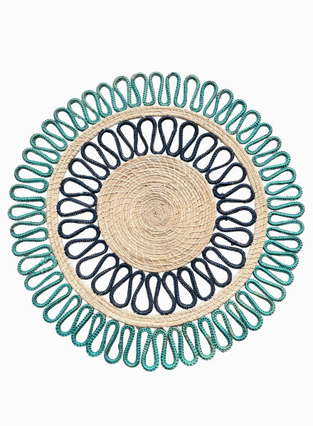 SET OF 2 MAGNOLIA PLACEMATS - Pair of large, hand woven raffia placemats in aquamarine and navy - 1