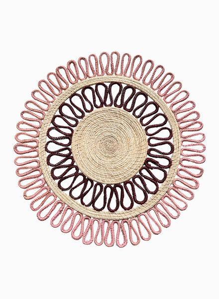 SET OF 2 MAGNOLIA PLACEMATS - Pair of large, hand-woven raffia placemats in burgundy and pink - 1