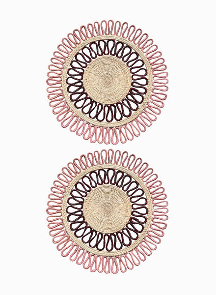 SET OF 2 MAGNOLIA PLACEMATS - Pair of large, hand-woven raffia placemats in burgundy and pink - 2