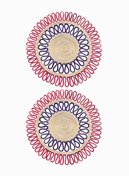 SET OF 2 MAGNOLIA PLACEMATS - Pair of large, hand-woven raffia placemats in red and purple - 2