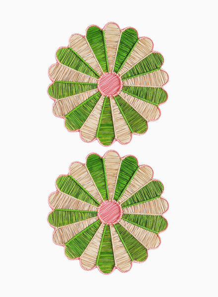 SET OF 2 MARGARITA PLACEMATS - Pair of large, hand-woven raffia placemats in green and pink - 2