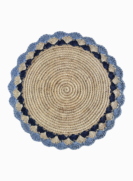 SET OF 2 PETAL PLACEMATS - Pair of large, hand-woven raffia placemats in baby blue and navy - 1
