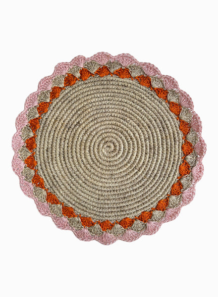 SET OF 2 PETAL PLACEMATS - Pair of large, hand-woven raffia placemats in light pink and orange - 1