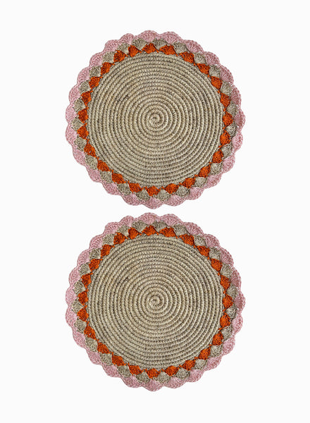 SET OF 2 PETAL PLACEMATS - Pair of large, hand-woven raffia placemats in light pink and orange - 2