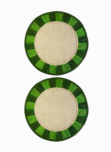 SET OF 2 TWIST PLACEMATS - Pair of large, hand-woven raffia placemats in green - 2