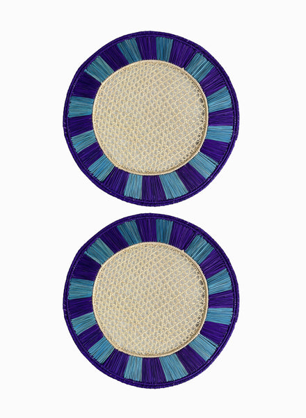 SET OF 2 TWIST PLACEMATS - Pair of large, hand-woven raffia placemats in purple and baby blue - 2